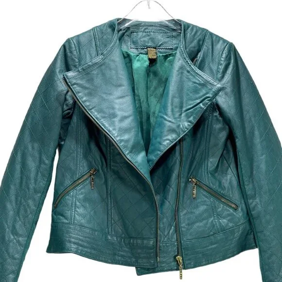 Iman Teal Leather Asymmetrical Moto Jacket XS Zipper Pockets Womens Size Small - Picture 13 of 13